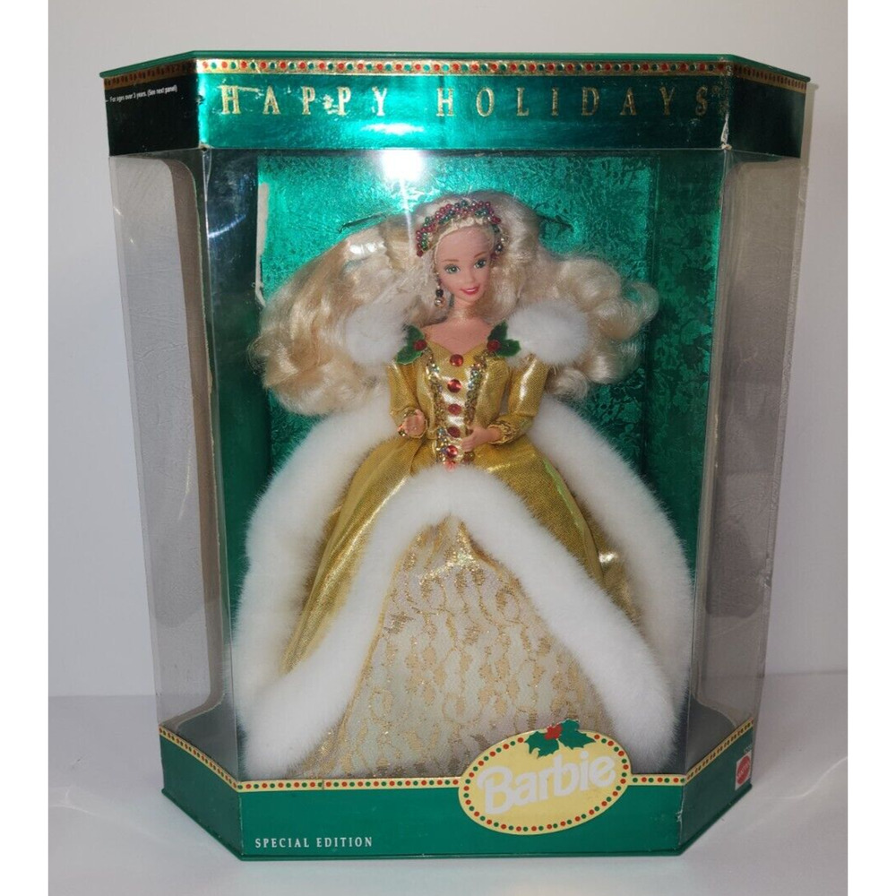 1994 Barbie Happy Holidays Doll Special Edition NRFB Green Eyes Gold Dress Fur